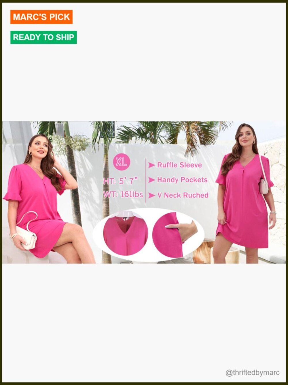 Ruffle Short Sleeve V Neck Shift Dress with Pockets - Picture 7 of 7